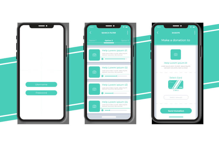 imagen de 3 pantallas de un mockup de aplicacion móvil